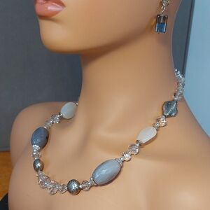 Vintage Y2K Glass & Stone Bead Necklace Earring Set Grey Silver 21"